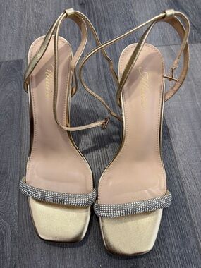 Gold Metallic Strappy Sandal with Crystal Accent